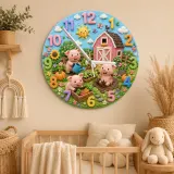 Playful Farm Pigs Kids Room Wall Clock | Barnyard Animal Nursery Decor, Baby Shower Or Birthday Gift For Boy Or Girl (13.6 inch / 34.5 cm)