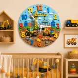 Construction Site Vehicles Kids Room Wall Clock | Boys Nursery Decor, Playroom Wall Art, Perfect Toddler Boy Gift Idea (13.6 inch / 34.5 cm)