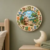 Safari Monkey Explorer Kids Room Wall Clock | Jungle Adventure Nursery Decor, Baby Shower Gift, Little Boy Keepsake (13.6 inch / 34.5 cm)