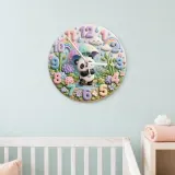 Whimsical Pastel Panda Kids Room Wall Clock | Rainbow Umbrella Nursery Decor, Cute Baby Girl Shower Gift Keepsake (13.6 inch / 34.5 cm)