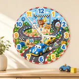 Reloj de pared infantil de pista de coches de carreras y campeones animales | Decoración para habitación de niño, regalo de cumpleaños para niño pequeño (34.5 cm)