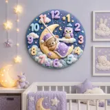 Sleeping Bear and Owl Kids Room Wall Clock | Pastel Starry Night Nursery Decor, Baby Shower Gift For Boys & Girls (13.6 inch / 34.5 cm)