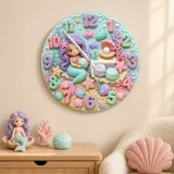 Mermaid Seashell Kids Room Wall Clock | Pastel Ocean Nursery Decor, Magical Baby Girl Birthday Gift (13.6 inch / 34.5 cm)