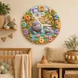 Safari Hippo Family Kids Room Wall Clock | Cute Jungle Animal Nursery Decor, Beautiful Baby Shower Gifts & Keepsakes (13.6 inch / 34.5 cm)