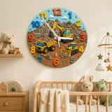 Construction Trucks Kids Room Wall Clock | Yellow Excavator Nursery Decor, Little Boy Bedroom Playroom Gift Keepsake (13.6 inch / 34.5 cm)