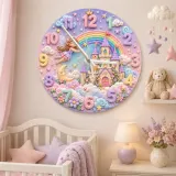 Magical Fairy Tale Castle Kids Room Wall Clock | Pastel Rainbow Nursery Decor, Little Girl Bedroom Birthday Keepsake (13.6 inch / 34.5 cm)