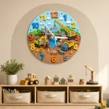 Construction Trucks Kids Room Wall Clock | Excavator Nursery Decor, Little Builder Boy Bedroom Playroom Art Keepsake (13.6 inch / 34.5 cm)