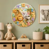 Safari Jungle Animals Kids Room Wall Clock | Cute Lion Elephant Nursery Decor, Playroom Baby Shower Boy Girl Gift (13.6 inch / 34.5 cm)