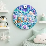 Cute Arctic Animals Kids Room Wall Clock | Northern Lights Nursery Decor, Polar Bear & Penguin Baby Shower Gift Idea (13.6 inch / 34.5 cm)