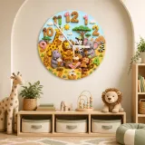 Safari Animals Waffle Kids Room Wall Clock | Jungle Nursery Decor, Baby Shower Gift For Boys Girls (13.6 inch / 34.5 cm)
