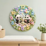 Whimsical Panda Tea Party Kids Room Wall Clock | Pastel Bamboo Nursery Decor, Baby Shower Birthday Keepsake Present (13.6 inch / 34.5 cm)