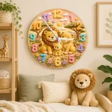 Pastel Safari Lion Family Kids Room Wall Clock | Cute Jungle Animal Nursery Decor, Perfect Baby Shower Gift Keepsake (13.6 inch / 34.5 cm)