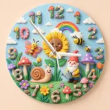 Whimsical Garden Gnome Kids Room Wall Clock | Snail And Sunflower Nursery Decor, Baby Girl Shower Keepsake Present (13.6 inch / 34.5 cm)
