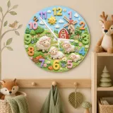 Farm Animal Sheep Kids Room Wall Clock | Whimsical Barnyard Nursery Decor, Baby Shower Gift For Boy Or Girl Room Art (13.6 inch / 34.5 cm)