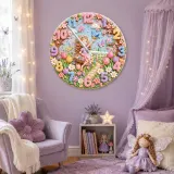 Whimsical Fairy Garden Kids Room Wall Clock | Pastel Floral Nursery Decor, Magical Little Girls Bedroom Decor Gift (13.6 inch / 34.5 cm)