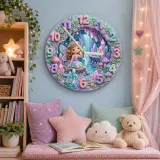 Magical Fairy and Crystal Cave Kids Room Wall Clock | Enchanted Pastel Nursery Decor, Whimsical Girls Room Gift Art (13.6 inch / 34.5 cm)