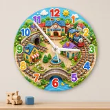 Spielzeugzug Dorf Wanduhr für Kinderzimmer | Bunte Eisenbahn Deko für das Kinderzimmer, Geschenk für kleine Jungen (34,5 cm)