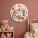Teddy Bear Tea Party Kids Room Wall Clock | Pastel Nursery Decor, Sweet Baby Shower Birthday Gift (13.6 inch / 34.5 cm)