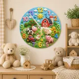 Farm Animals Barnyard Kids Room Wall Clock | Red Tractor Nursery Decor, Baby Boy Shower Gift & Playroom Keepsake Art (13.6 inch / 34.5 cm)