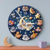Space Animals & Planets Kids Room Wall Clock | Whimsical Night Sky Nursery Decor, Baby Shower And Birthday Present (13.6 inch / 34.5 cm)