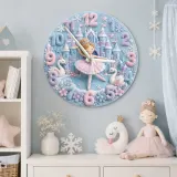 Winter Princess Ballerina Kids Room Wall Clock | Fairy Tale Castle Nursery Decor, Swan Theme Gift For Little Girls (13.6 inch / 34.5 cm)
