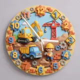 Construction Trucks Kids Room Wall Clock | Digger & Crane Nursery Decor, Little Builder Boy Birthday Gift Keepsake (13.6 inch / 34.5 cm)