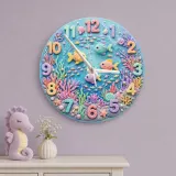 Pastel Ocean Coral Reef Kids Room Wall Clock | Under The Sea Nursery Decor, Cute Baby Girl Birthday Gift Keepsake (13.6 inch / 34.5 cm)