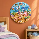 Ocean Animals Dessert Kids Room Wall Clock | Under The Sea Nursery Decor, Baby Boy Girl Birthday Gift (13.6 inch / 34.5 cm)