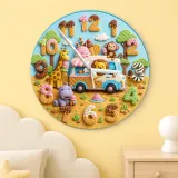 Safari Ice Cream Truck Kids Room Wall Clock | Jungle Animal Nursery Decor, Baby Boy Girl Birthday Gift (13.6 inch / 34.5 cm)
