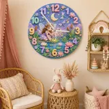 Magical Fairy Pond Kids Room Wall Clock | Enchanted Forest Nursery Decor, Whimsical Baby Girl Room Birthday Keepsake (13.6 inch / 34.5 cm)