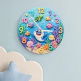 Ocean Shark Sea Creatures Kids Room Wall Clock | Underwater Nursery Decor, Baby Boy And Girl Birthday Gift Keepsake (13.6 inch / 34.5 cm)