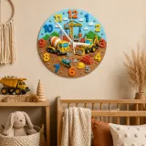 Construction Trucks Kids Room Wall Clock | Digger And Excavator Nursery Decor, Toddler Boy Playroom Birthday Present (13.6 inch / 34.5 cm)