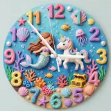 Mermaid & Sea Unicorn Kids Room Wall Clock | Magical Underwater Ocean Nursery Wall Decor, Little Girl Bedroom Gift (13.6 inch / 34.5 cm)