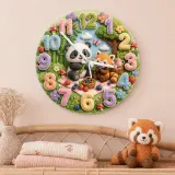 Woodland Panda & Red Panda Picnic Kids Room Wall Clock | Cute Forest Animal Nursery Decor, Baby Shower Gift Keepsake (13.6 inch / 34.5 cm)