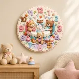 Teddy Bear Tea Party Kids Room Wall Clock | Pastel Nursery Decor, Sweet Baby Shower Birthday Gift (13.6 inch / 34.5 cm)