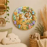 Jungle Safari Giraffe & Monkey Kids Room Wall Clock | Whimsical Animal Nursery Decor, Sweet Playroom Wall Art Gift (13.6 inch / 34.5 cm)
