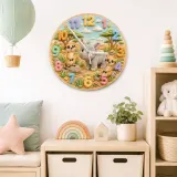 Cute Safari Rhino & Meerkat Kids Room Wall Clock | Wild Animal Nursery Decor, Baby Shower Birthday Keepsake Present (13.6 inch / 34.5 cm)