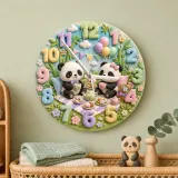 Whimsical Panda Tea Party Kids Room Wall Clock | Pastel Bamboo Nursery Decor, Baby Shower Birthday Keepsake Present (13.6 inch / 34.5 cm)