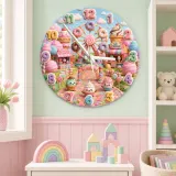 Pastel Candyland Theme Kids Room Wall Clock | Kawaii Sweet Treats Nursery Wall Decor, Cute Little Girl Bedroom Gift (13.6 inch / 34.5 cm)