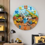 Construction Trucks Kids Room Wall Clock | Excavator Nursery Decor, Little Builder Boy Bedroom Playroom Art Keepsake (13.6 inch / 34.5 cm)