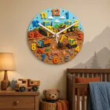 Construction Vehicles Kids Room Wall Clock | Playful Boys Bedroom Nursery Decor, Little Builder Birthday Gift Idea (13.6 inch / 34.5 cm)