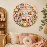 Fairy Tea Party Kids Room Wall Clock | Magical Woodland Nursery Decor, Whimsical Little Girl Bedroom Birthday Gift (13.6 inch / 34.5 cm)