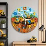 Construction Trucks Kids Room Wall Clock | Cute Excavator Boy Nursery Decor, Toddler Boy Playroom Birthday Keepsake (13.6 inch / 34.5 cm)