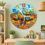Construction Trucks Kids Room Wall Clock | Cute Excavator Boy Nursery Decor, Toddler Boy Playroom Birthday Keepsake (13.6 inch / 34.5 cm)
