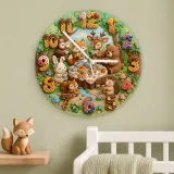 Woodland Animal Tea Party Kids Room Wall Clock | Forest Nursery Decor, Baby Shower Birthday Gift Keepsake (13.6 inch / 34.5 cm)