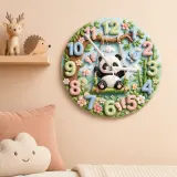 Whimsical Panda on Swing Kids Room Wall Clock | Cute Pastel Woodland Nursery Decor, Baby Shower Gift for Boys & Girls (13.6 inch / 34.5 cm)