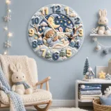 Sleepy Winter Bear & Bunny Kids Room Wall Clock | Blue Night Sky Nursery Decor, Sweet Baby Boy Shower Gift Keepsake (13.6 inch / 34.5 cm)