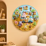 Safari Ice Cream Truck Kids Room Wall Clock | Jungle Animal Nursery Decor, Baby Boy Girl Birthday Gift (13.6 inch / 34.5 cm)