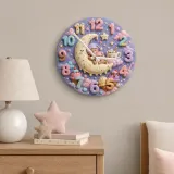 Pastel Sweet Dreams Bear Kids Room Wall Clock | Moon And Stars Whimsical Nursery Decor, Cute Baby Girl Shower Gift (13.6 inch / 34.5 cm)