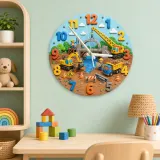 Construction Trucks Kids Room Wall Clock | Excavator Nursery Decor, Little Builder Boy Bedroom Playroom Art Keepsake (13.6 inch / 34.5 cm)